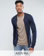 Asos Tall Knitted Muscle Fit Bomber Jacket In Navy - Navy