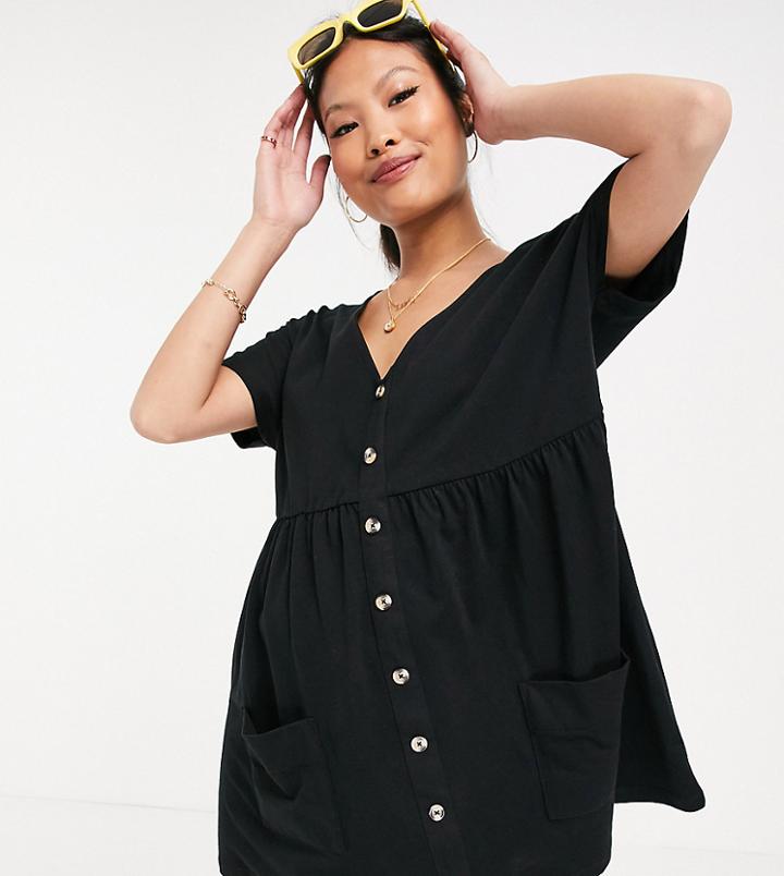 Asos Design Petite Button Through Mini Smock Dress In Black