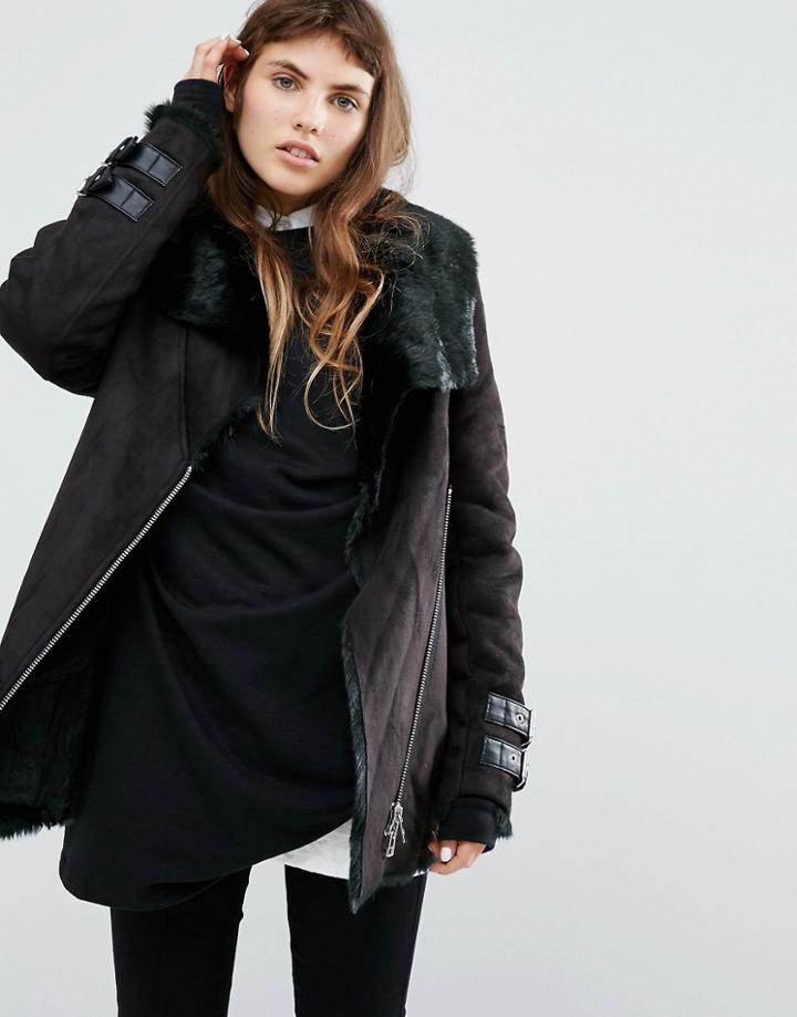 Goosecraft Longline Biker Jacket With Faux Fur Collar And Lining - Bla