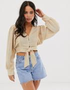 Moon River Textured Tie Front Blouse - Beige