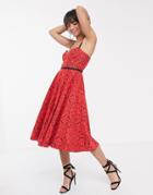 Asos Design Geo Lace Prom Dress With Grosgrain Straps-red