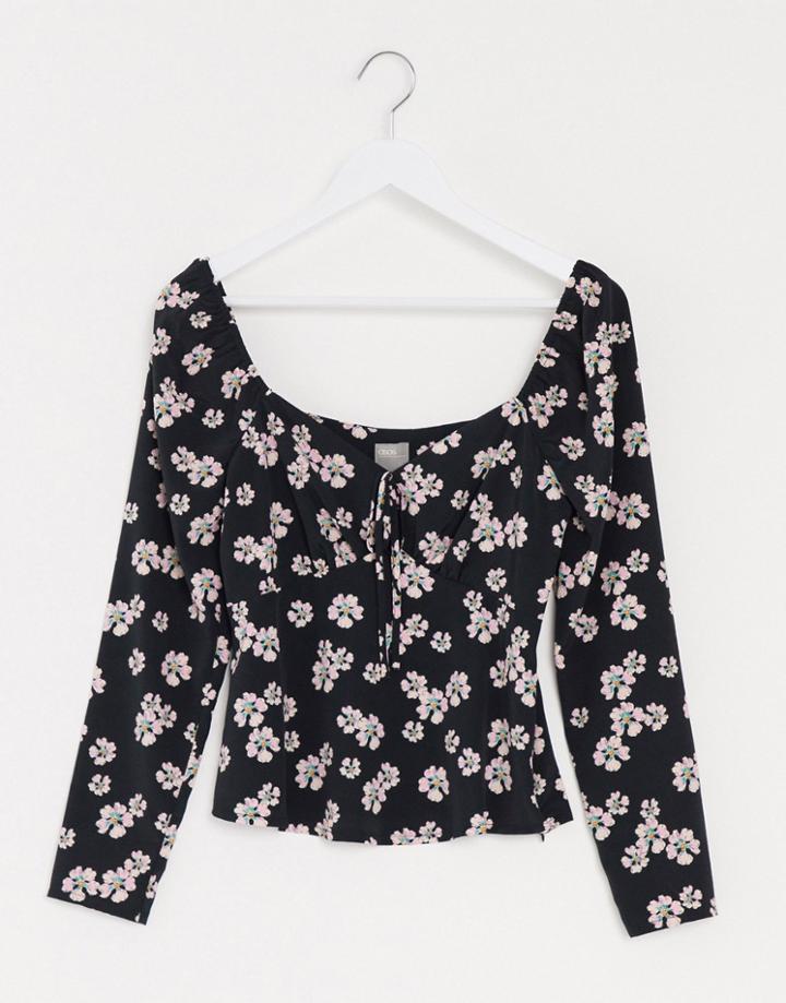 Asos Design Long Sleeve Square Neck Tea Blouse In Floral Print-multi