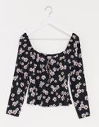Asos Design Long Sleeve Square Neck Tea Blouse In Floral Print-multi