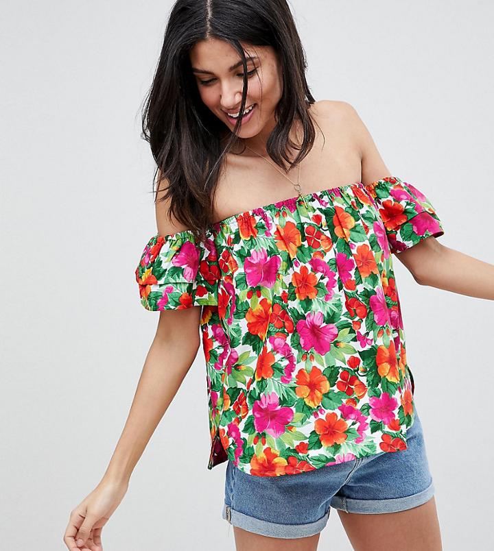 Asos Design Tall Cotton Off Shoulder Top In Tropical Floral - Multi
