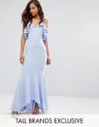 John Zack Tall Ruffle Front Fishtail Maxi Dress With High Low Hem - Blue