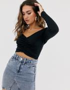 Asos Design Top With V-front And Back And Ruched Detail In Black