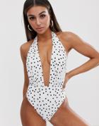 Free Society Polka Dot Plunge High Leg Swimsuit In White-multi