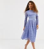 Asos Design Petite Long Sleeve Prom Dress In Lace With Circle Trim Details-blue