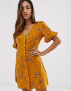 Boohoo Exclusive Button Through Tea Dress In Orange Floral - Multi