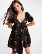 Asos Design Cotton Tiered Mini Dress With Button Neck In Star Embroidery-black
