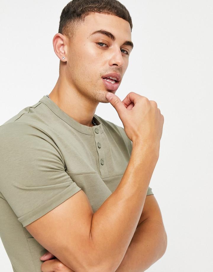 Asos Design Cut And Sew Pique T-shirt With Granddad In Khaki-green