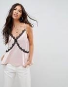 Asos Lace Trim Strappy Asymmetric Cami - Pink