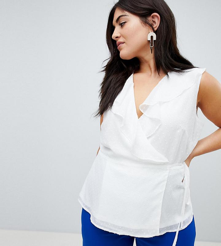 Fashion Union Plus Wrap Top With Ruffle Detail - White