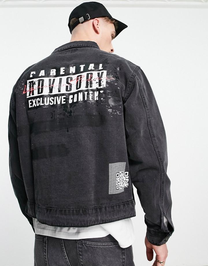 Liquor N Poker Denim Jacket In Black With Parental Advisory Logo And Distressing