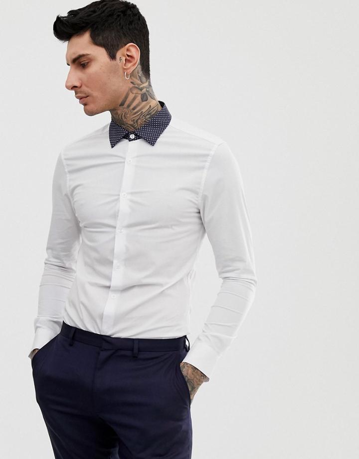 Asos Design Skinny Fit Shirt In White With Contrast Navy Polka Collar - White