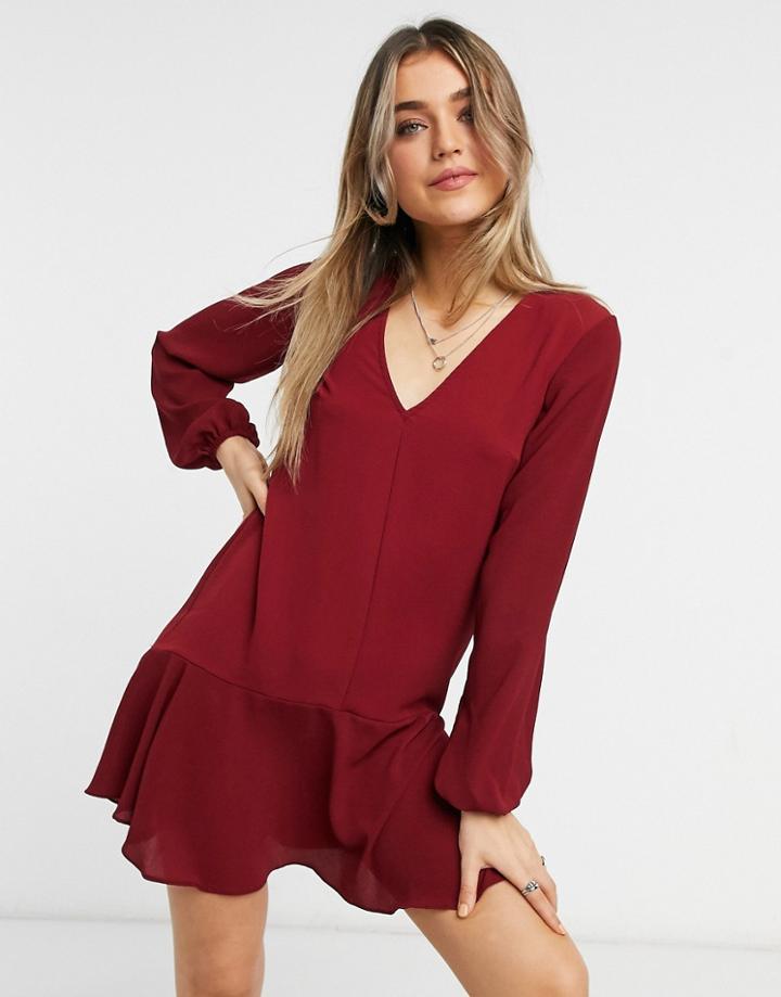 Asos Design Long Sleeve V-neck Mini Dress With Curved Hem In Oxblood-red