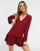 Asos Design Long Sleeve V-neck Mini Dress With Curved Hem In Oxblood-red