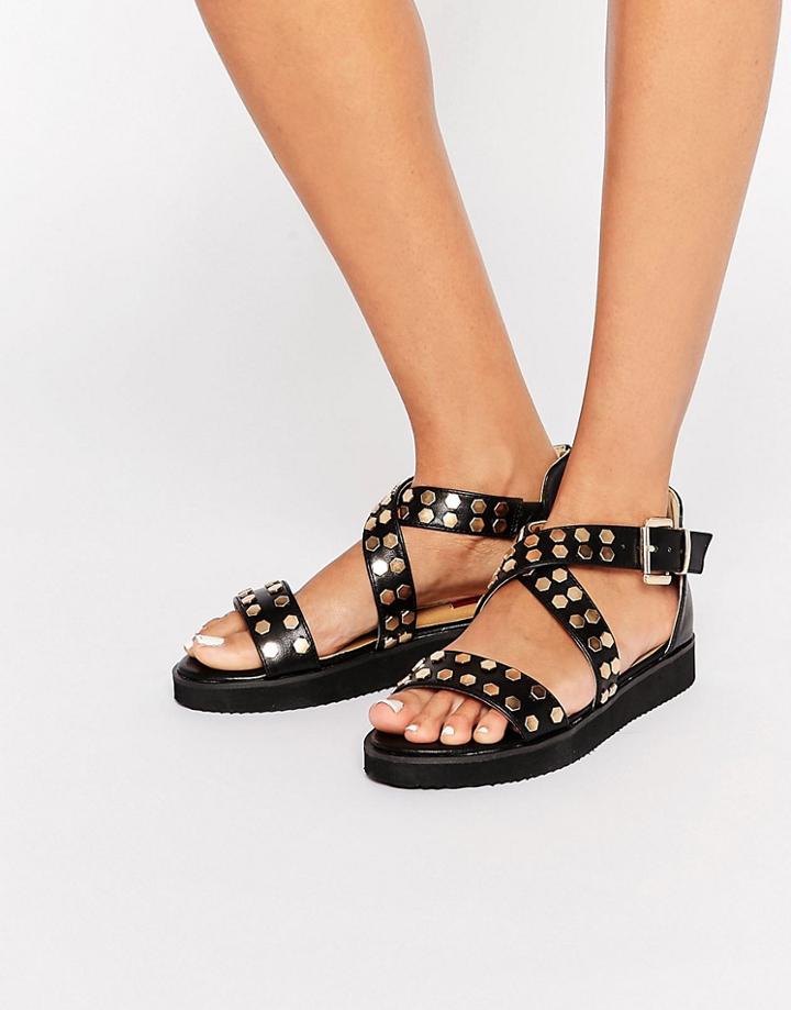 London Rebel Cross Strap Stud Flat Sandals - Black