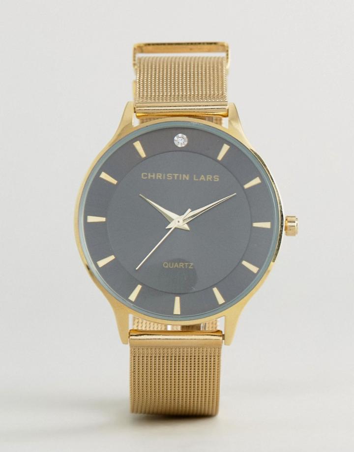 Christin Lars Gold Crystal Watch With Black Dial - Gold