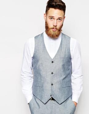Asos Slim Fit Vest In Linen - Blue