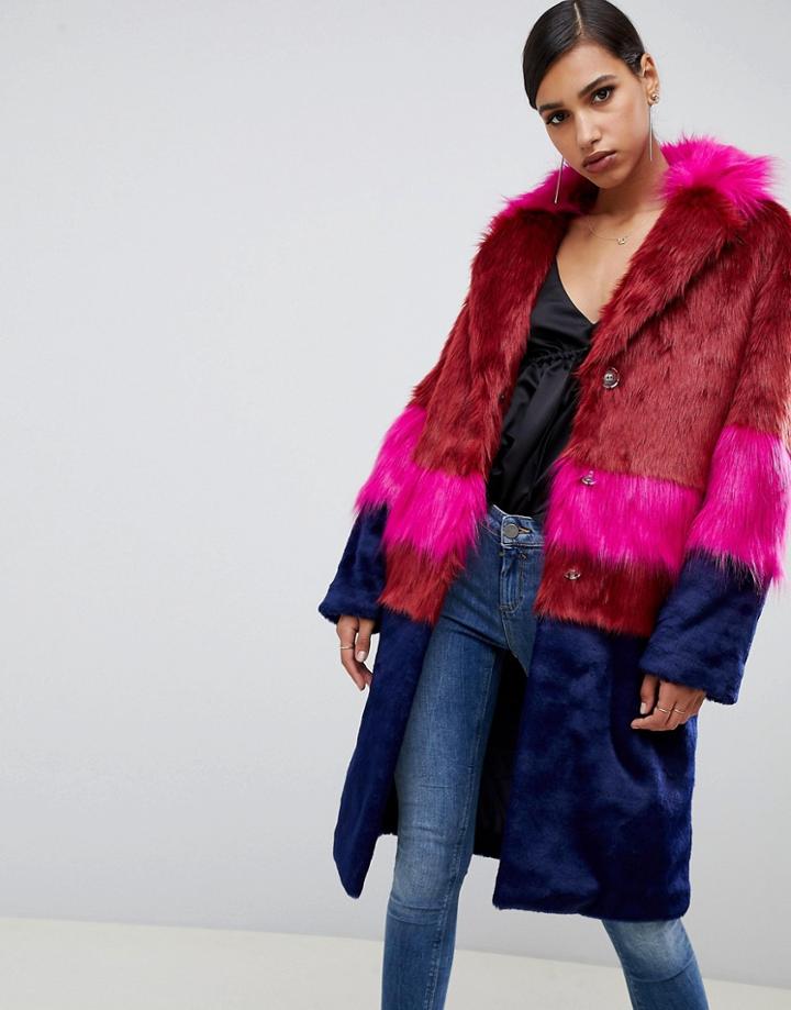 Asos Design Cutabout Blocked Fur Faux Coat - Multi