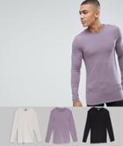 Asos 3 Pack Muscle Fit Longline Long Sleeve Crew Neck T-shirt Save - Multi