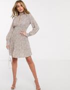 Ivyrevel Long Sleeve Shirred Waist Tiered Skater Dress In Multi Floral