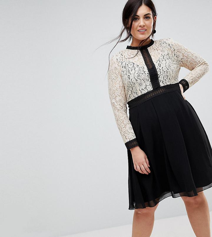 Little Mistress Plus All Over Lace Top Dress With Prom Skater Skirt - Multi