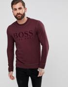 Boss Casual Crew Neck Velvet Logo Sweat In Burgundy - Red