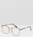 Asos Design Round Glasses In Brushed Copper With Clear Lens - Copper