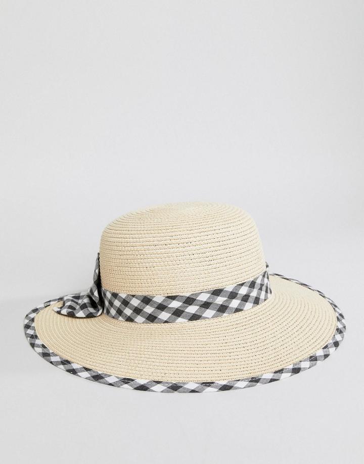 Boardmans Gingham Bow Cut Out Straw Beach Hat - Stone