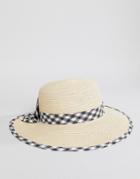 Boardmans Gingham Bow Cut Out Straw Beach Hat - Stone