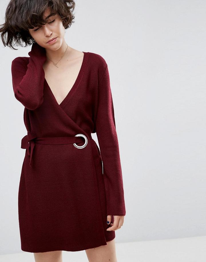 Asos Chunky Knitted Dress With Wrap And Eyelet - Red