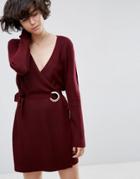 Asos Chunky Knitted Dress With Wrap And Eyelet - Red