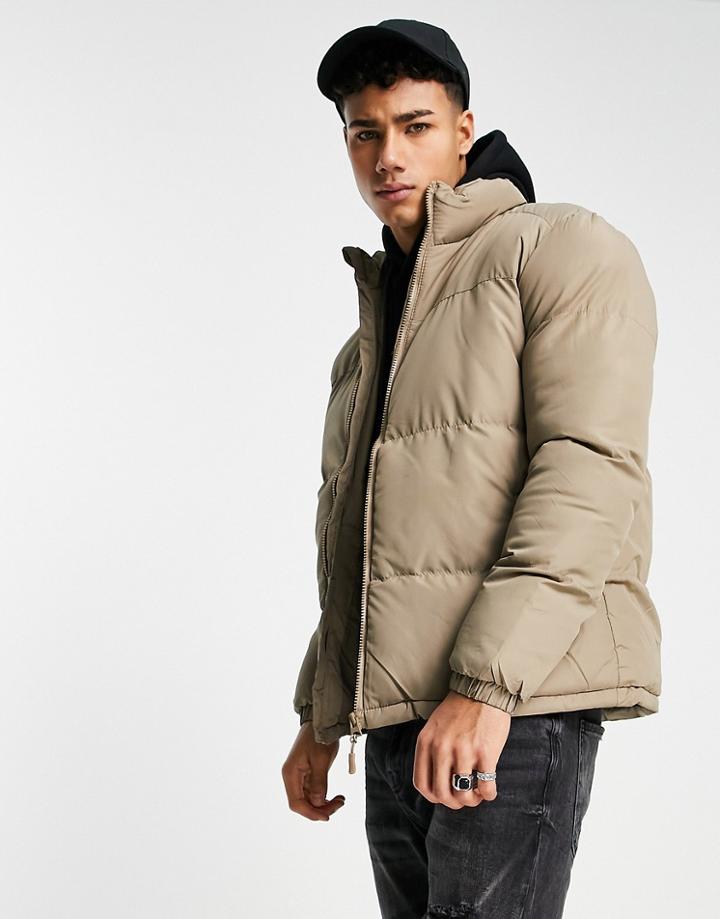 Brave Soul Funnel Neck Puffer Jacket In Sand-neutral