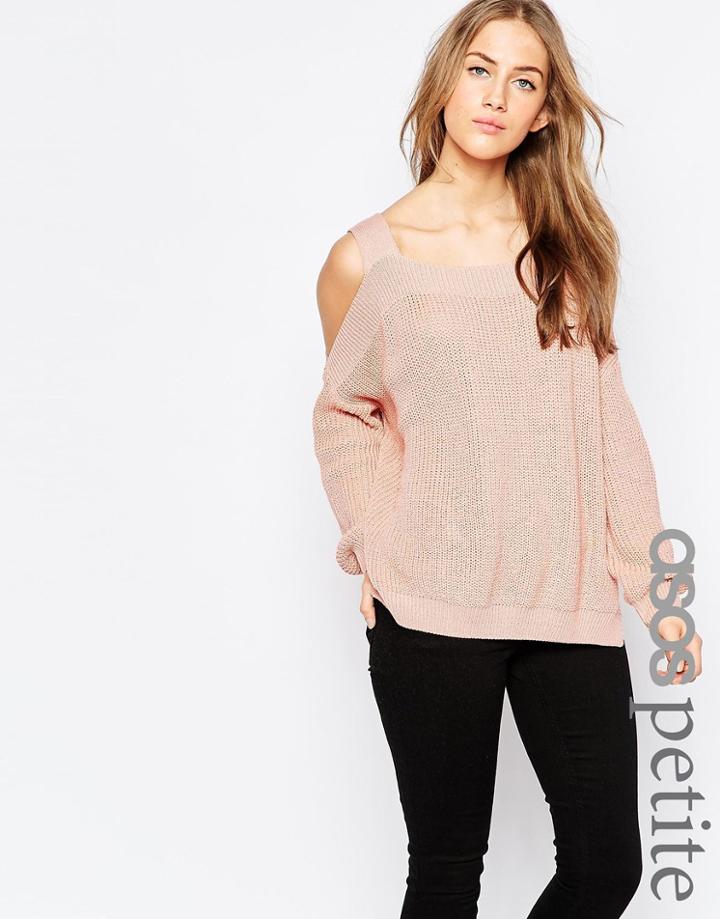 Asos Petite Chunky Sweater With Cold Shoulder And Side Splits - Nude