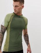 Asos 4505 Muscle T-shirt With Contrast Panels And Quick Dry In Khaki - Green