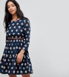 Yumi Petite Long Sleeve Belted Dress In Tulip Heart Print - Navy