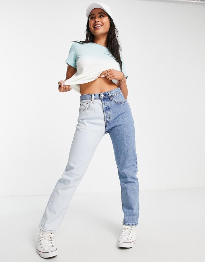 Levi's 501 Crop Jeans In Lightwash Blue And White