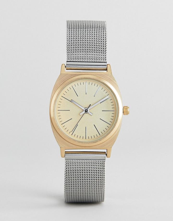Asos Design Premium Brushed Gold And Silver Mesh Watch - Multi