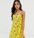 Asos Design Petite Exclusive Mini Cami Swing Dress With Faux Wood Buttons In Yellow Floral Print-multi