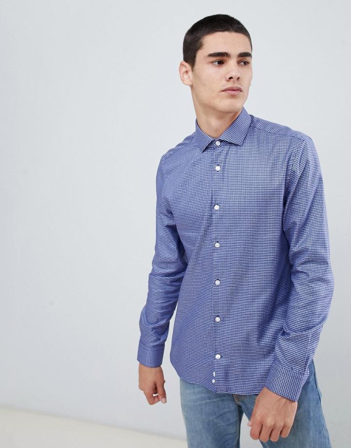 Moss London 100% Cotton Long Sleeve Skinny Shirt In Houndstooth Print - Blue