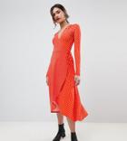 Asos Tall Midi Wrap Tea Dress With Long Sleeves In Polka Dot - Multi