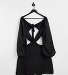 In The Style Plus X Yasmine Chanel Satin Cut Out Volume Sleeve Skater Dress In Black