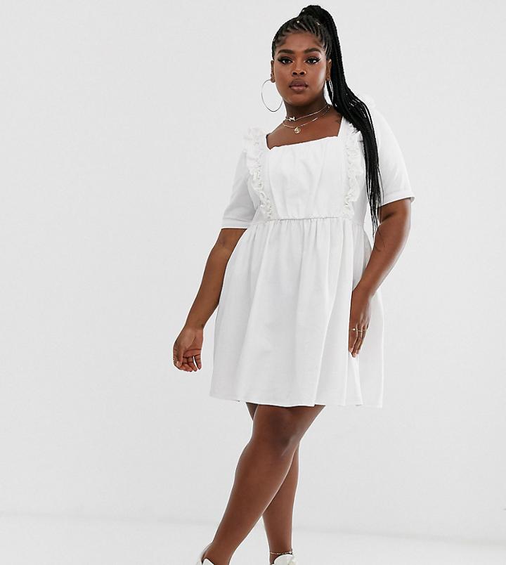 Asos Design Curve Denim Smock Dress With Frill In White
