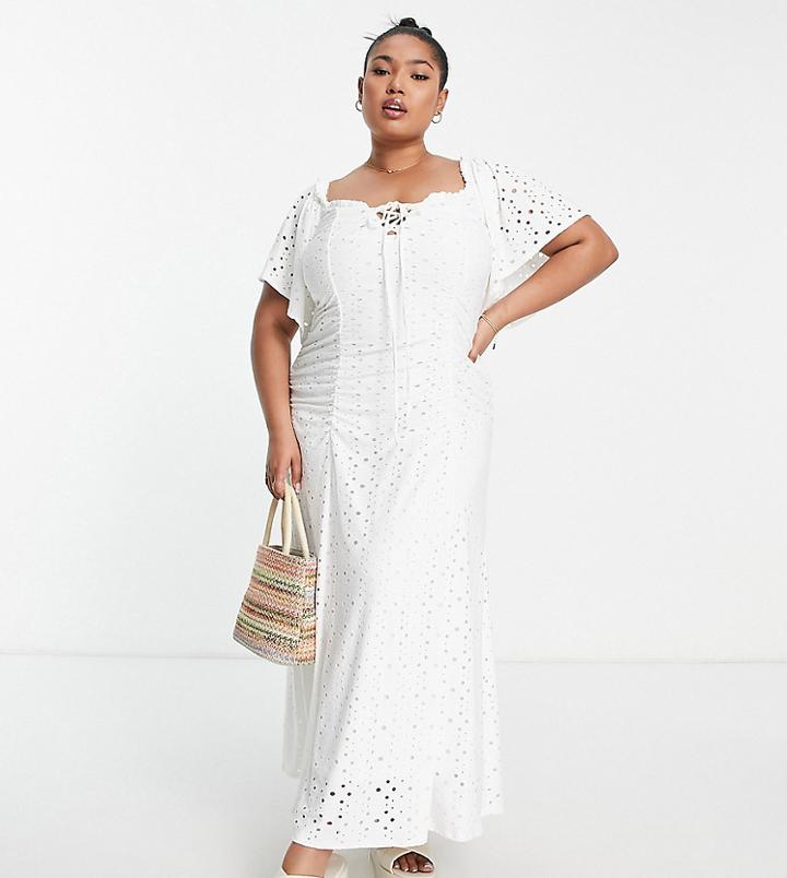 Asos Design Curve Eyelet Flutter Sleeve Ruched Front Midi Dress In White