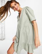 Asos Design Cotton Tiered Mini Smock Dress In Khaki-green