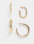 Asos Design Pack Of 2 Hoop Earrings In Textured And Hammered Design In Gold Tone