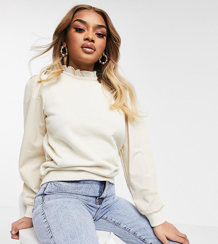 Vila Petite High-neck Ruffle Sweatshirt In Cream-neutral