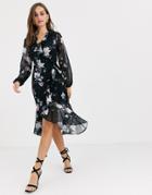 Lipsy Ruffle Wrap Front Midi Dress In Black Floral Print-multi